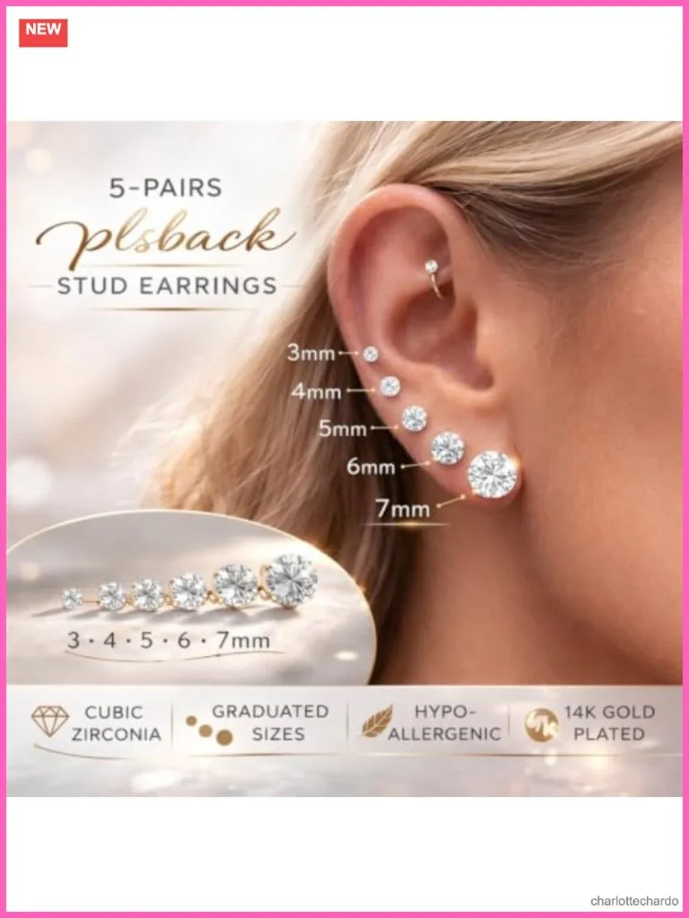 14K Gold Plated Hypoallergenic CZ & Pearl Stud Earrings Set - 10 Pairs